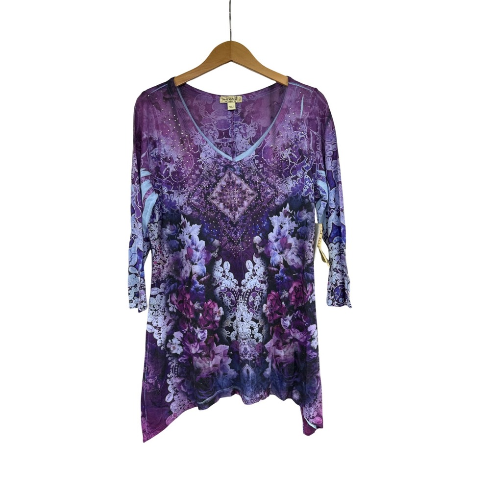 One World Purple Floral Paisley Rhinestone Sharkbite Tunic Top NWT Large
